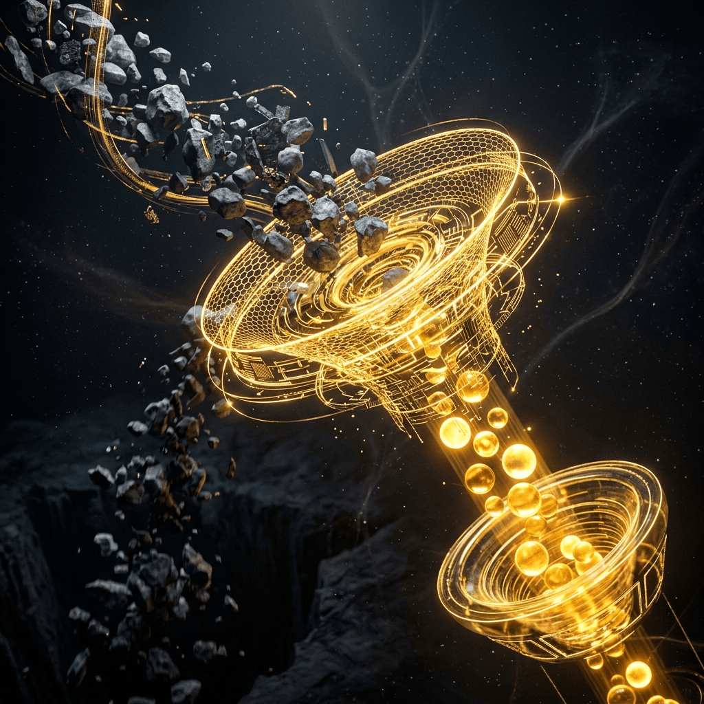 Abstract visual of a glowing digital sieve sorting golden orbs, representing AI voice systems filtering out low-budget tire-kickers.