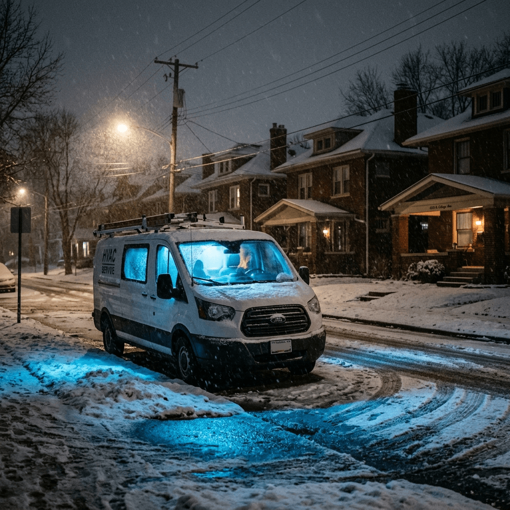 Cinematic night shot in Indianapolis with snowy HVAC van reflecting response readiness