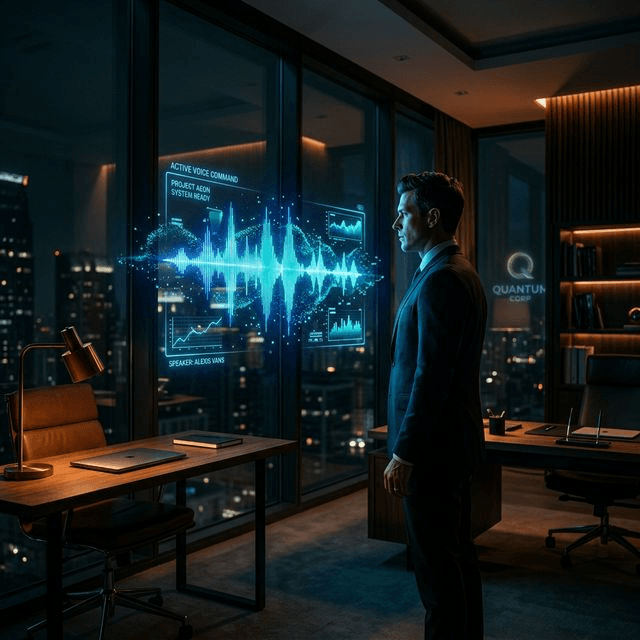 Cinematic: Holographic voice waveform illuminates an executive in a high-end office