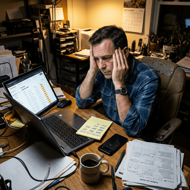 A service business owner sitting head-in-hands at a cluttered desk, laptop showing a lead marketplace with dozens of unread leads, tally marks on a sticky note, cold coffee and a stack of follow-up printouts beside him