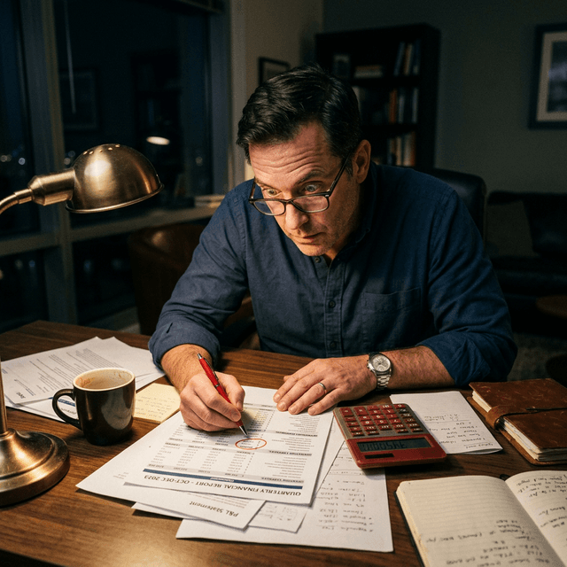 A business owner with reading glasses leans over a desk at night, red pen circling a number on a Quarterly Financial P&L report, calculator beside him, expression of dawning realization