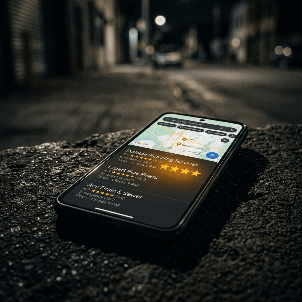A smartphone on dark concrete at night showing Google Maps search results for "plumber near me" with three competitors listed: 4.9 stars 312 reviews, 4.8 stars 187 reviews, 4.7 stars 94 reviews. The gold star glow reflects on the wet concrete. The question this raises: where does your business rank?