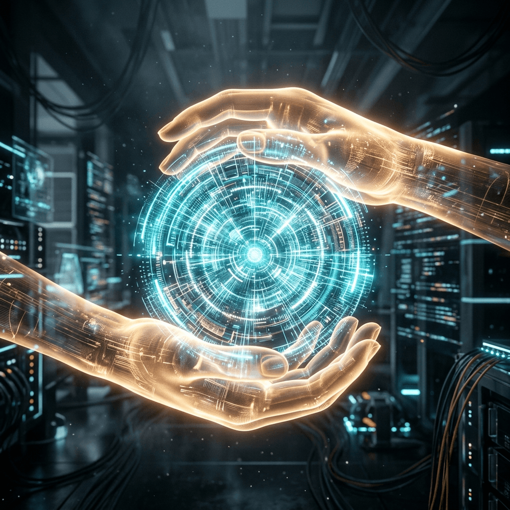 Abstract 3D render of a brightly glowing cyan AI data core safely wrapped by translucent warm glowing human hands.