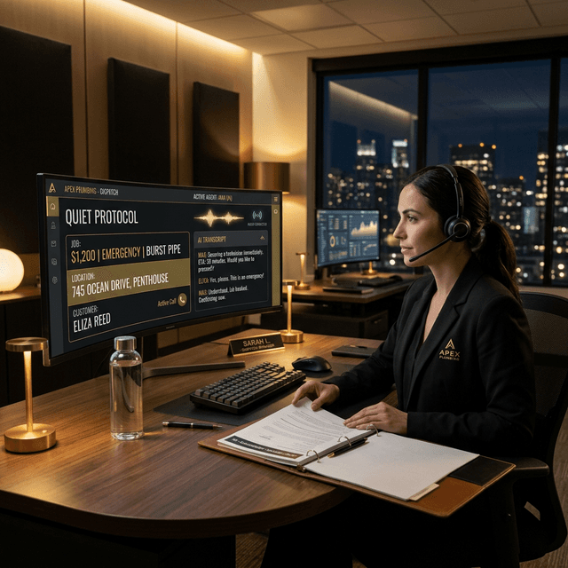 A modern, high-tech plumbing dispatch center showing a gold Quiet Protocol dashboard securing an emergency burst pipe job with a $1,200 value.