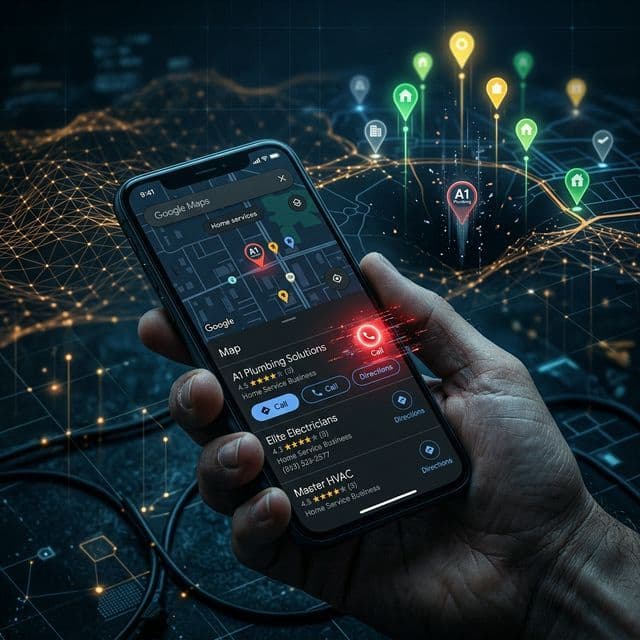 Close-up of a smartphone screen showing a Google Maps Local Pack with a highlighted Call button, while digital map markers in the background sink and fade away, symbolizing a loss in ranking.