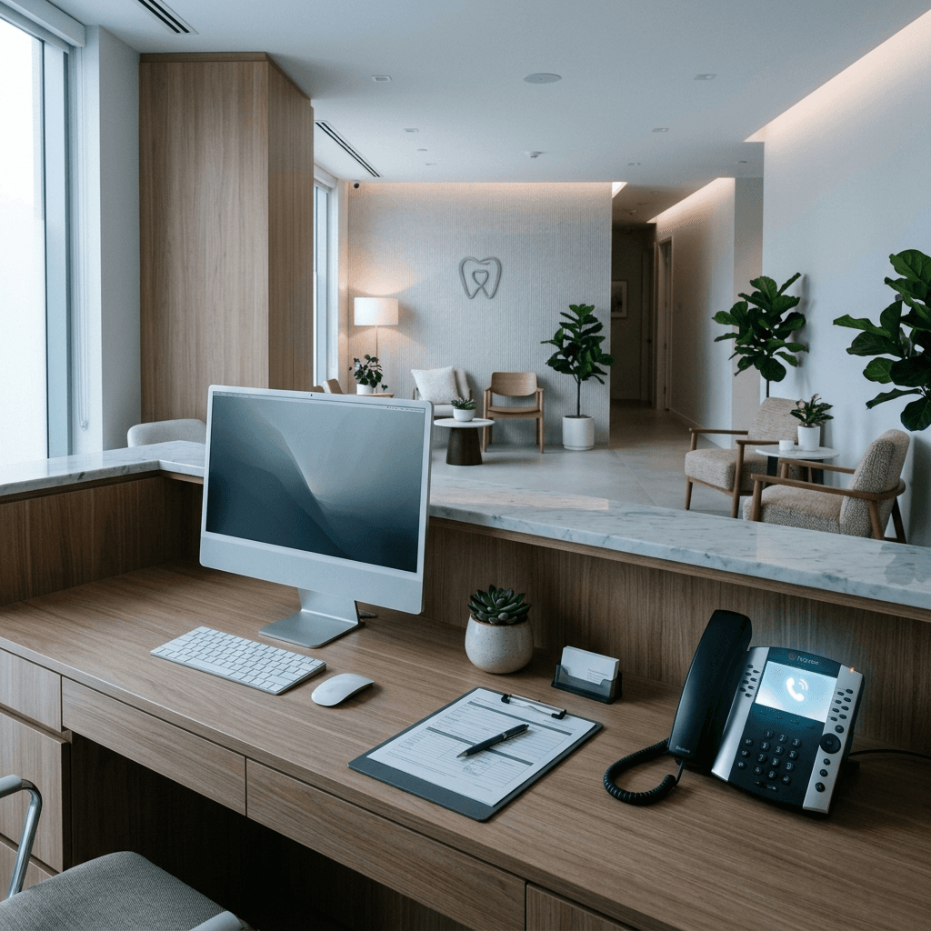 Modern dental clinic reception desk empty with phone showing incoming call, representing the gap AI receptionist fills
