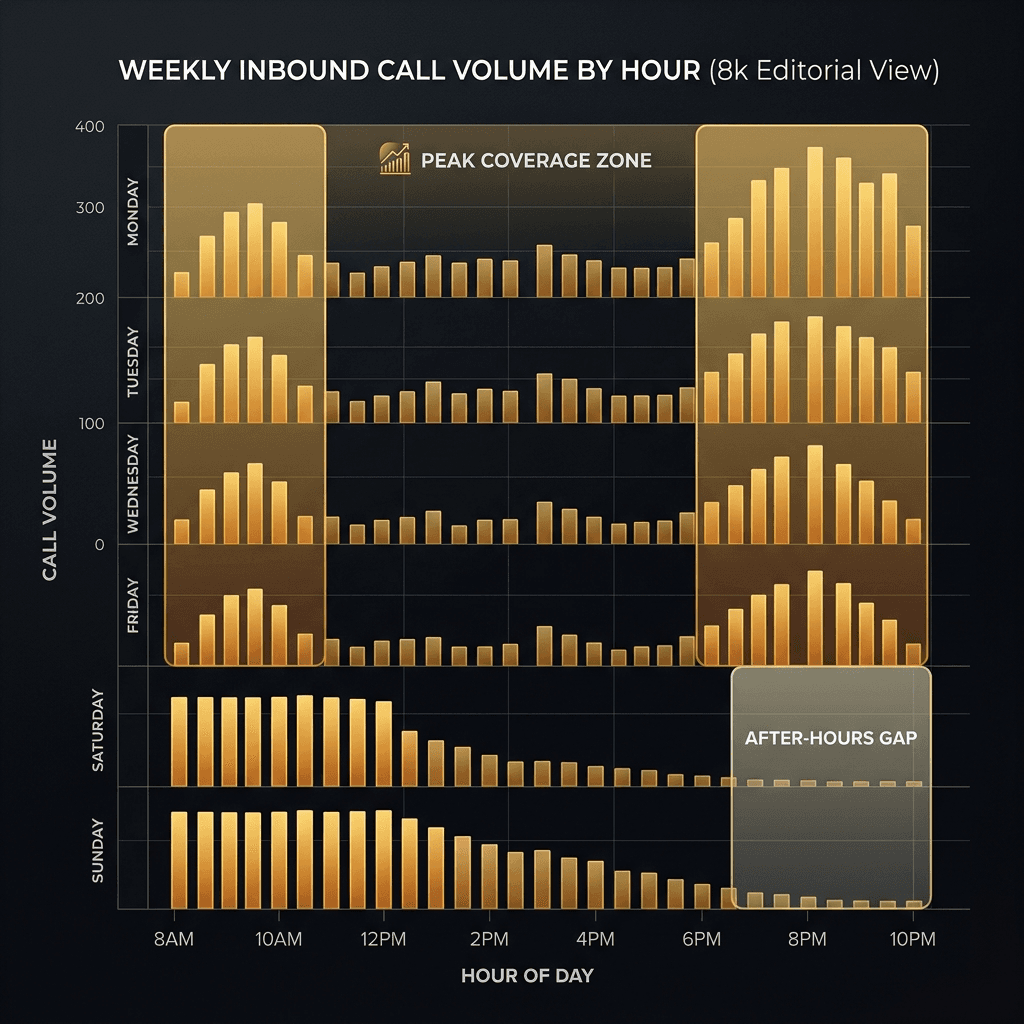Service business inbound call volume by time of day. After-hours gap visible from 6 PM to 10 PM and all weekend