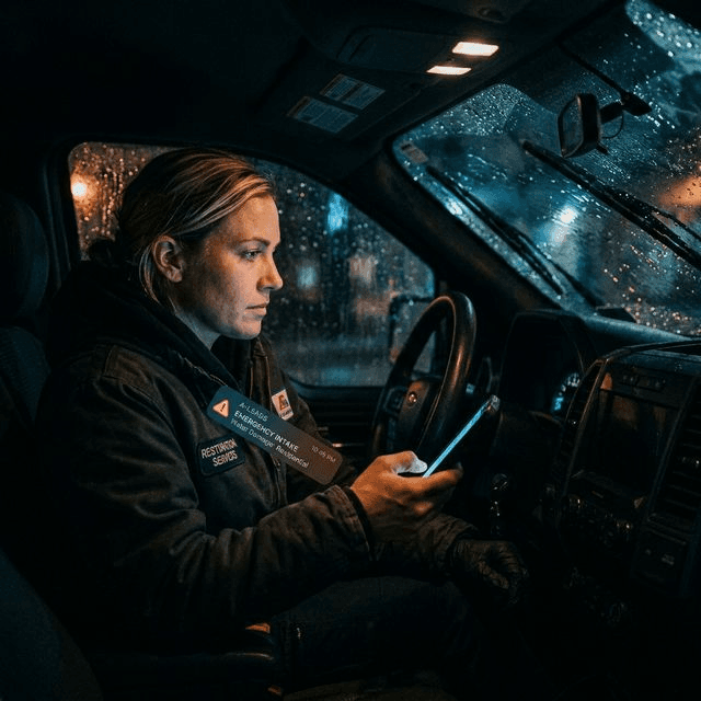 Cinematic: High-stakes night maintenance — representing the critical 3 AM window where property managers rely on silent AI triage to prevent building damage