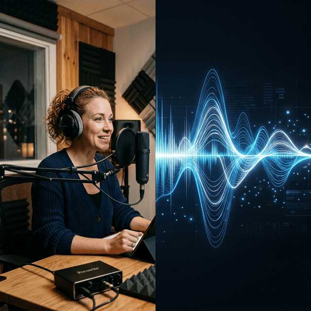 A split-frame image: on the left, a professional voice actor recording in a studio; on the right, a glowing AI waveform visualization - the two sides mirroring each other to represent the equivalence between human voice and AI voice performance