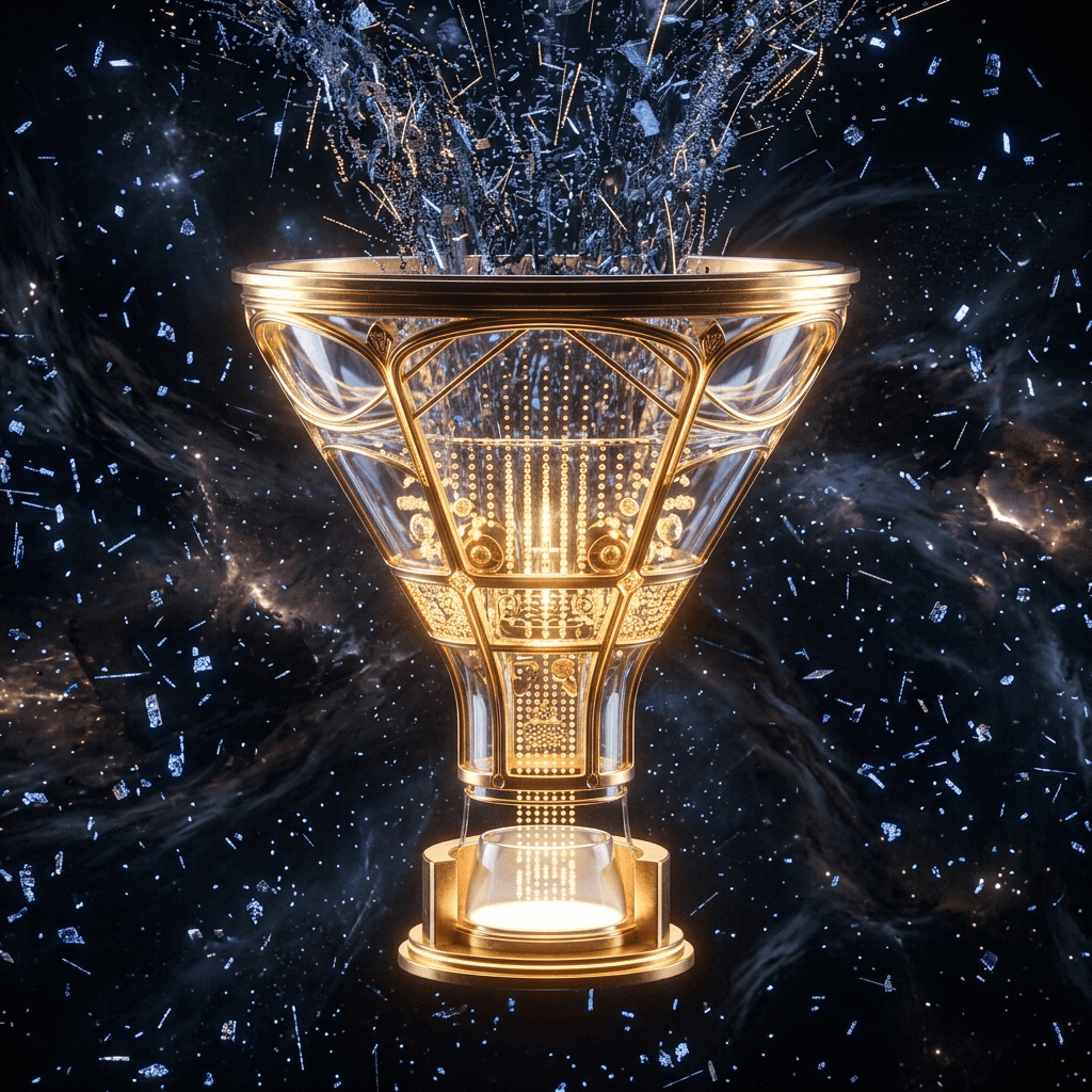 A high-fidelity cinematic abstract 3D render of a glowing gold and glass value funnel silently capturing and perfectly organizing high-density data particles from a chaotic void.
