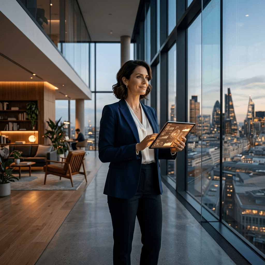 Cinematic wide shot of a confident premium business operator holding an elegant tablet showing perfect operational data.