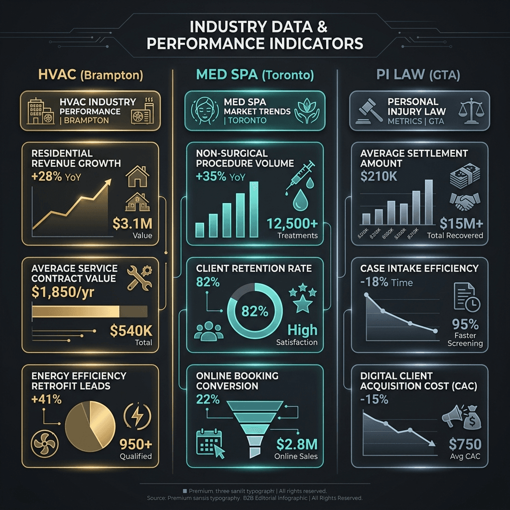 Three client results summary: HVAC Brampton, Med Spa Toronto, PI Law GTA