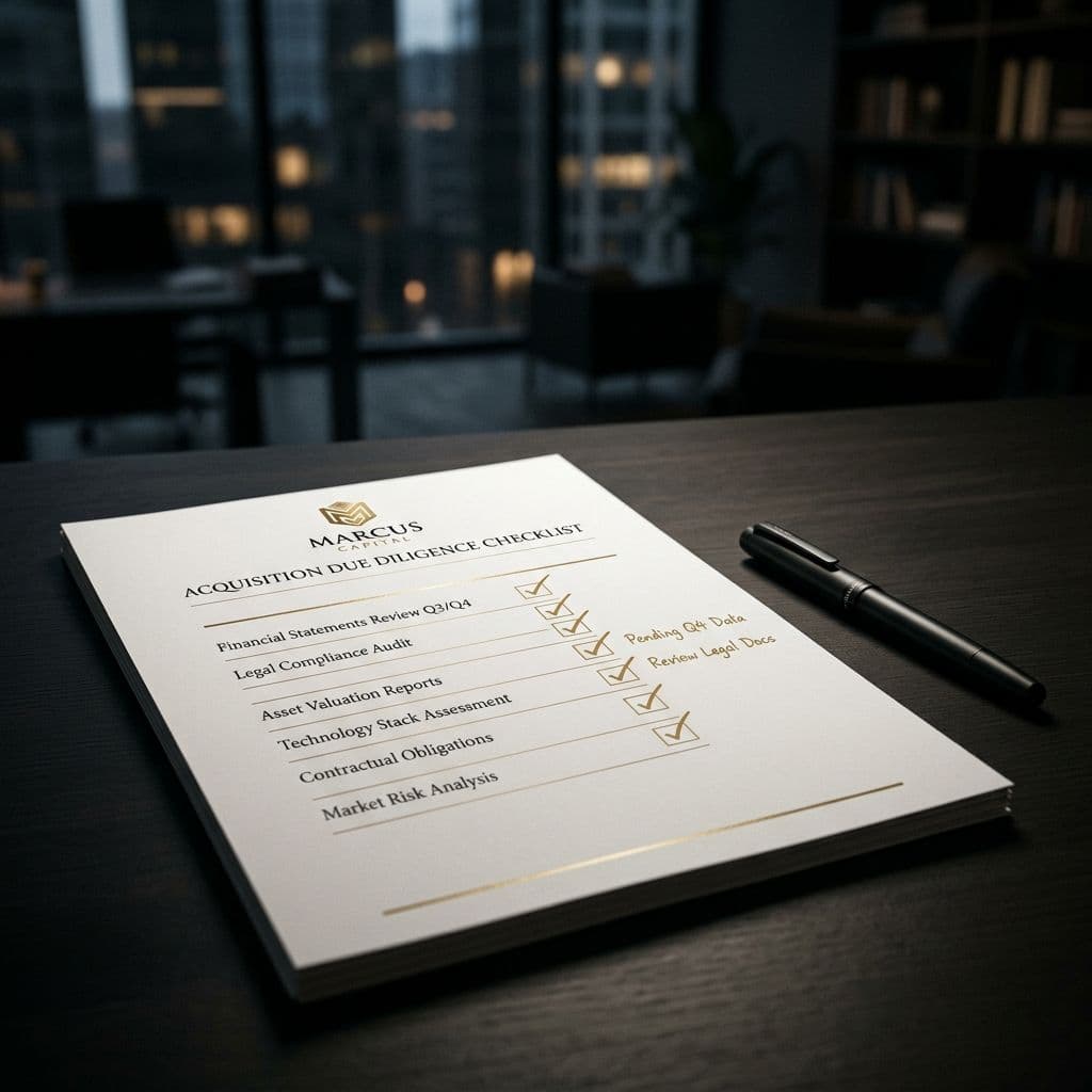 An AI receptionist buyer's checklist being reviewed on a dark desk — editorial composition representing due diligence before purchasing