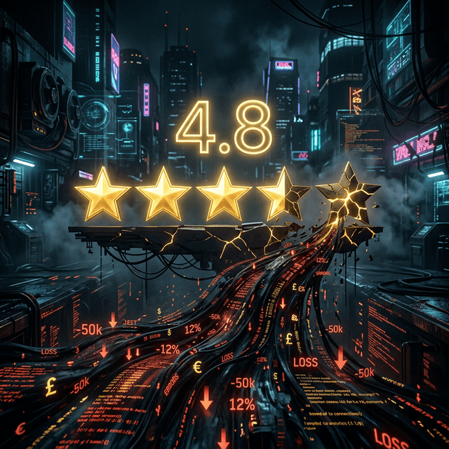 Cracked 5-star Google rating with revenue leaking as data streams, representing local SEO failure in restoration companies