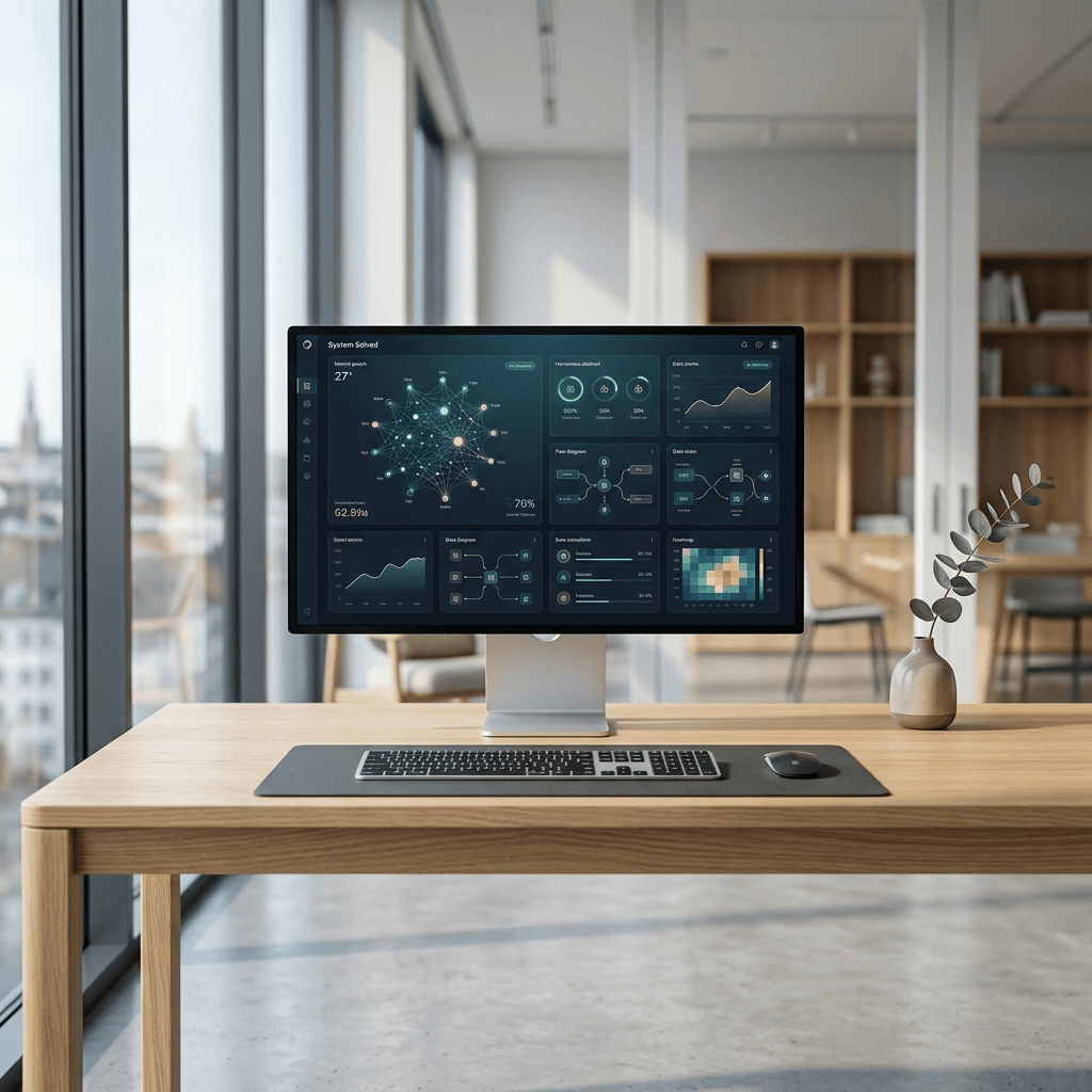 Cinematic photograph of a perfectly clean premium oak desk with a single softly glowing screen showing a unified calm interface.