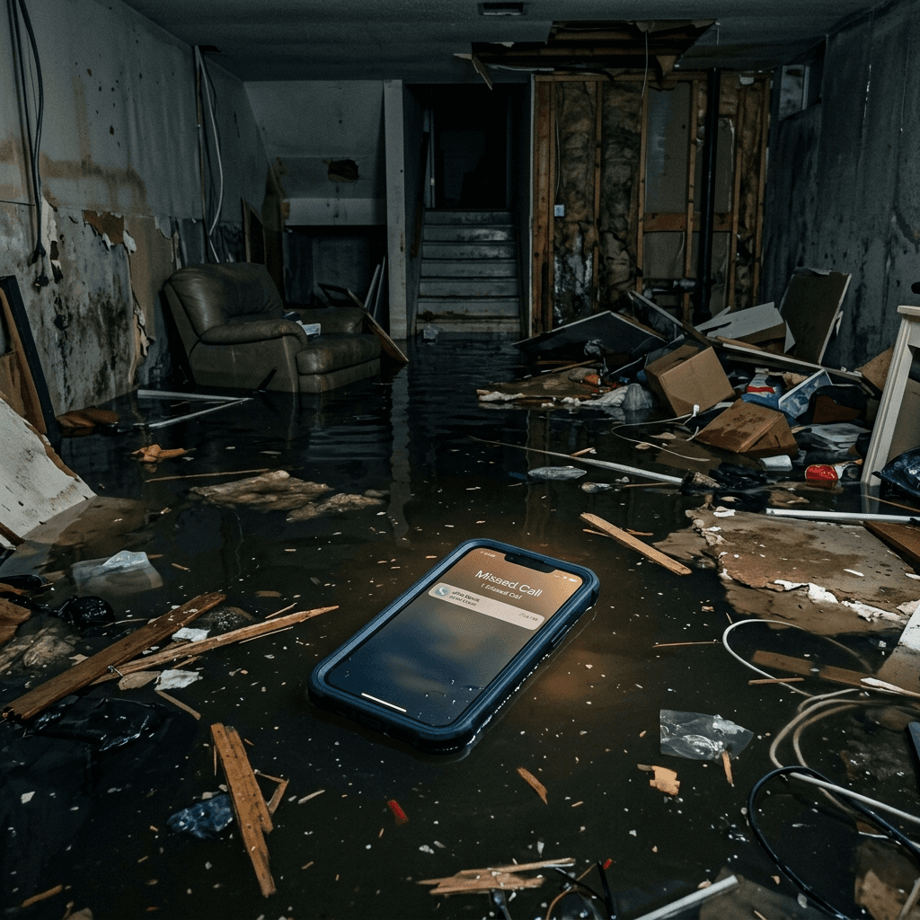 Cinematic photograph of a flooded dark basement illuminated by a floating smartphone showing a missed call alert.