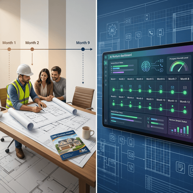 Split scene: A custom home builder reviewing plans with a couple at month 2, only for the couple to be lost to a competitor by month 9. On the right, an AI nurture dashboard showing 12 months of perfectly timed green check-in touchpoints.
