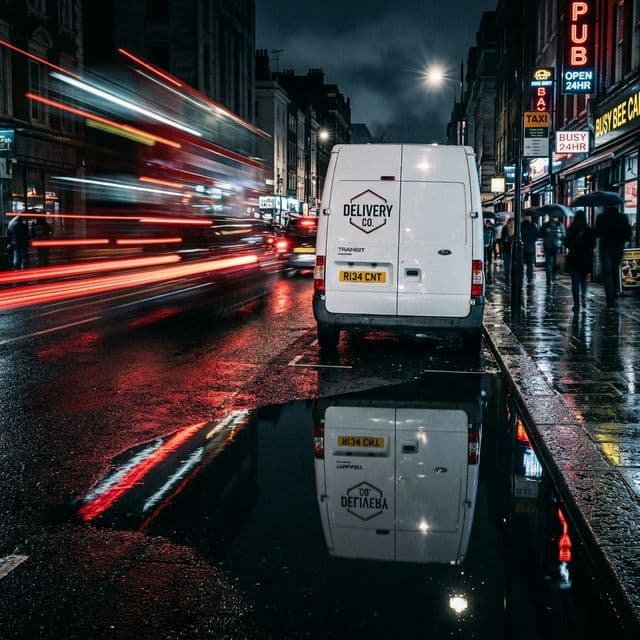 Cinematic long-exposure shot of a delivery van parked on a wet city street at night