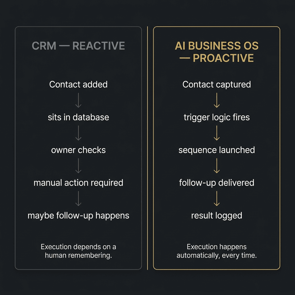 Two-card comparison diagram: CRM Reactive (grey) showing contact added → sits in database → owner checks → manual action required → maybe follow-up happens, versus AI Business OS Proactive (gold) showing contact captured → trigger logic fires → sequence launched → follow-up delivered → result logged