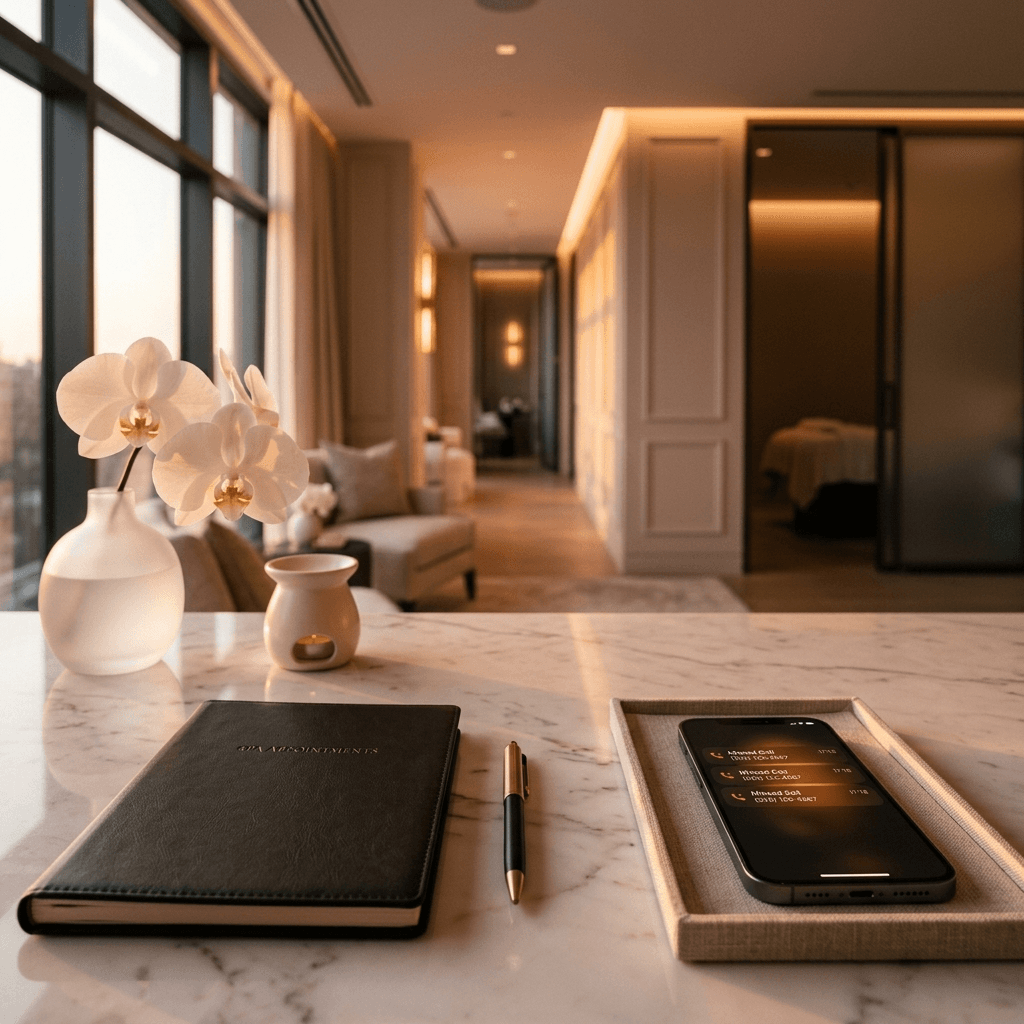 Luxury med spa reception desk with phone showing three missed call notifications — the quiet moment where thousands in booking revenue disappears