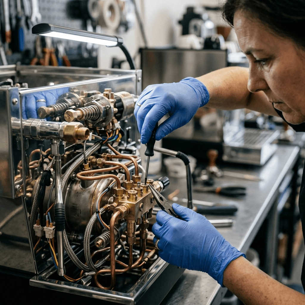 Cinematic visual of a professional technician's hands expertly repairing complex appliance internals.
