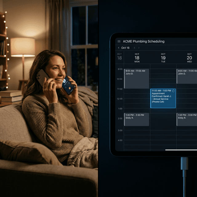 Split scene: a homeowner smiling on her couch at night on the phone, connected to a live plumbing CRM calendar showing her appointment confirming in real time — zero friction, zero hold, booked before she hangs up