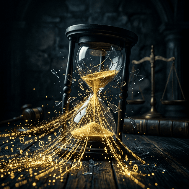 Cracked hourglass with gold sand and legal scales in a dark setting, representing the 5-minute lead response window in personal injury law