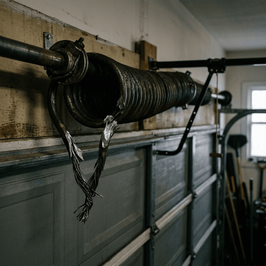 Broken garage door spring close-up illustrating emergency repair urgency