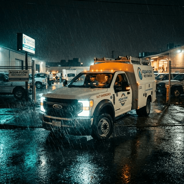 Cinematic: A restoration truck dispatching at night in the rain — the moment resolution speed becomes real