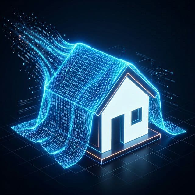 Abstract illustration of a digital blue tarp made of binary code covering a house