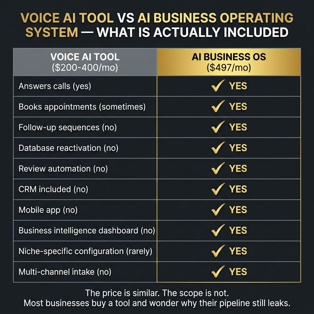Voice AI tool vs AI Business Operating System comparison matrix — 10 features showing the scope difference at similar price points