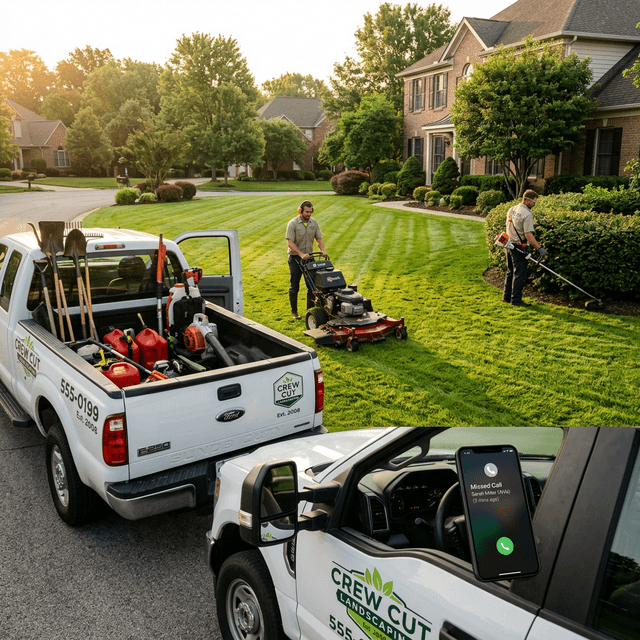 Landscaping crew working a residential property with branded trucks in the foreground and a missed call notification visible on the phone in the truck dashboard