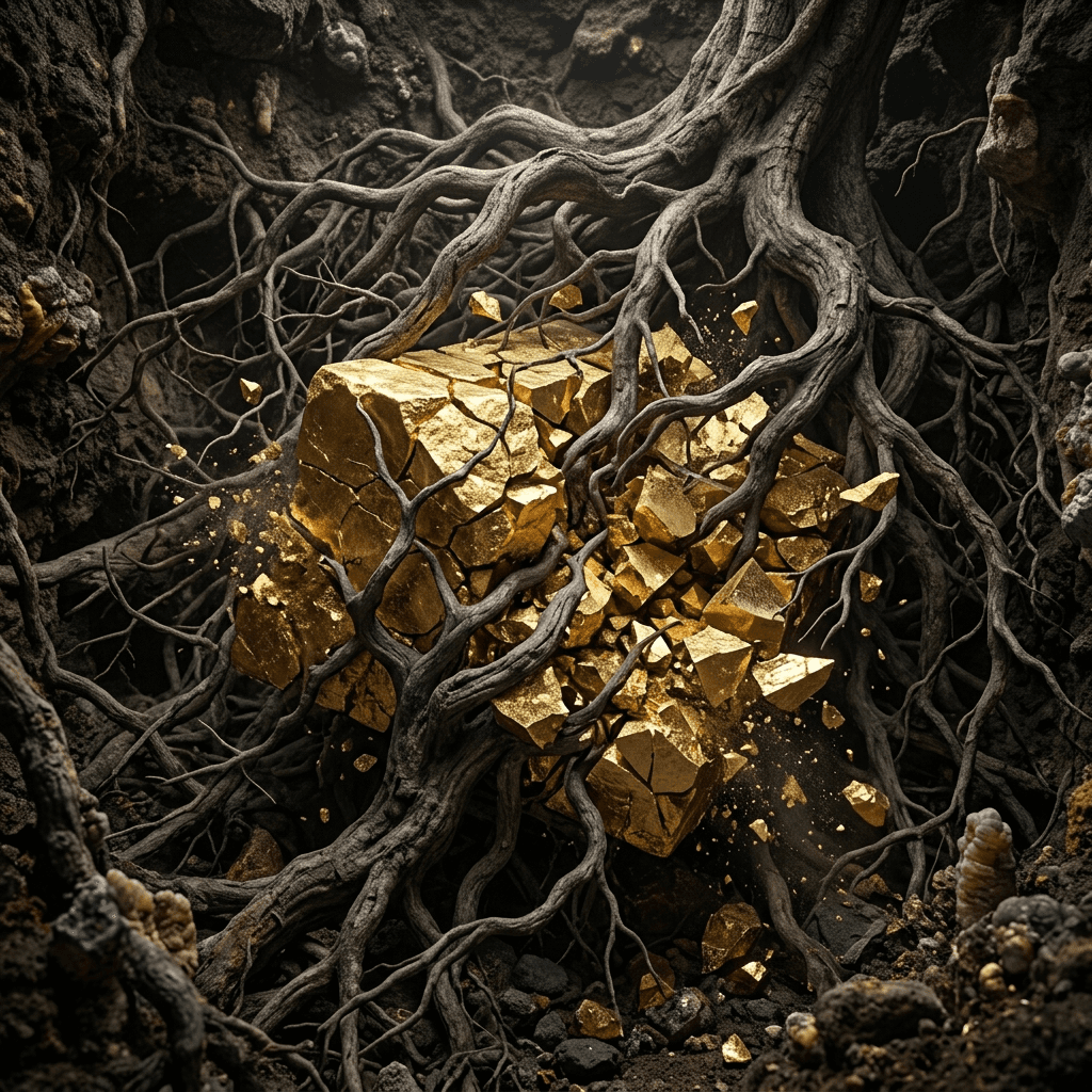Abstract 3D render of a massive root system violently destroying a solid block of pure gold beneath the surface.