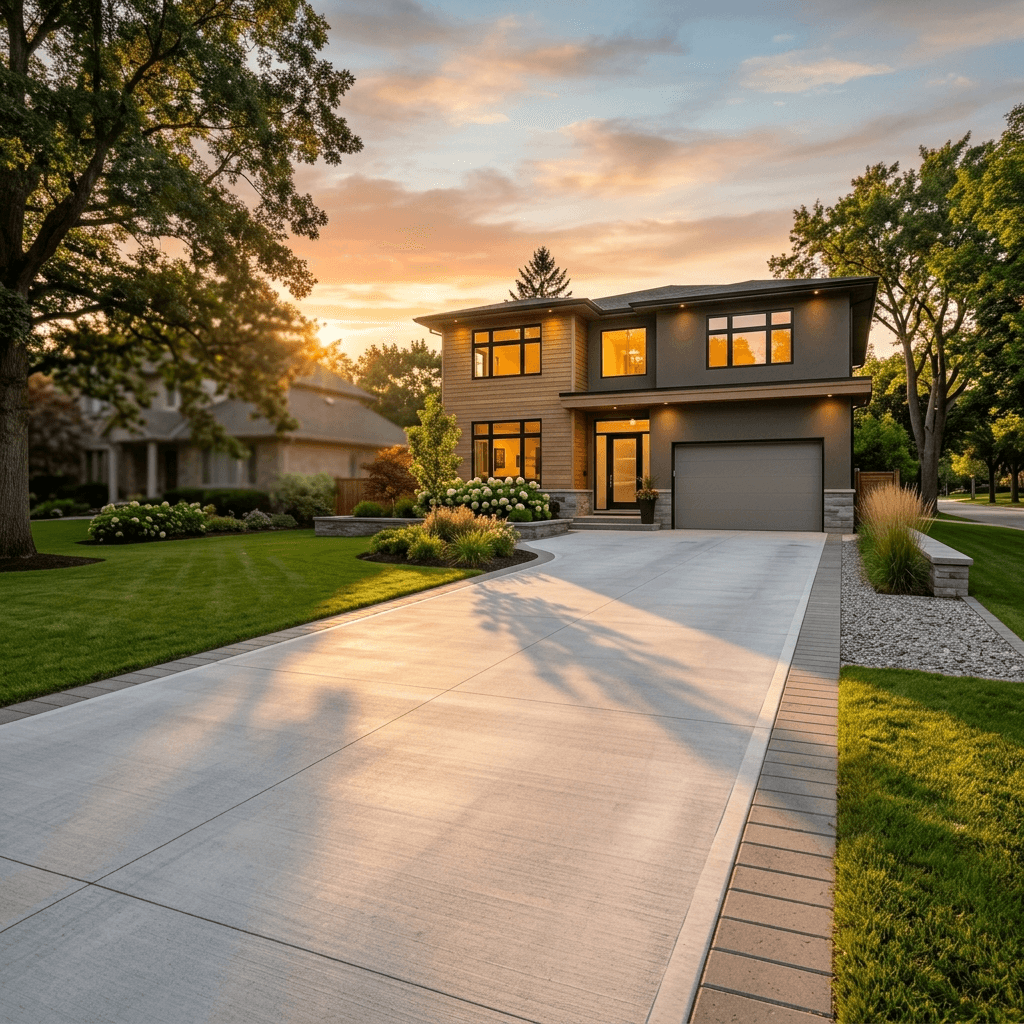 Cinematic image of a pristine concrete driveway at golden hour representing relief after junk removal.