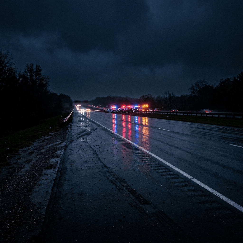 Cinematic dark editorial photograph. A dramatic wide-angle view of a US highway at night with emergency lights visible in the distance.