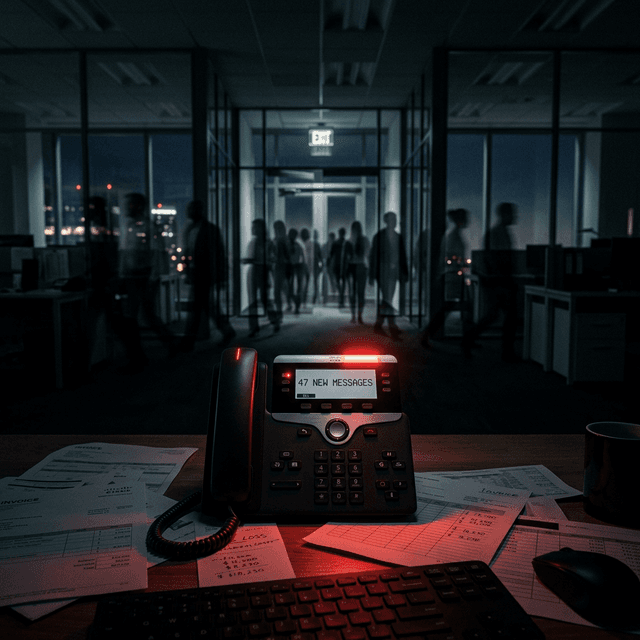 Dark office at 2 AM with a phone showing 47 new messages and ghosted silhouettes of callers walking away through the exit