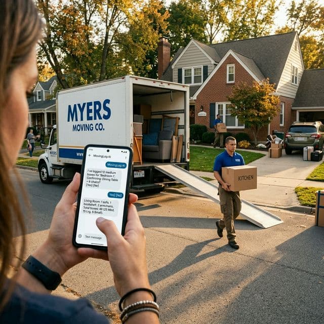 Woman holding a smartphone showing a moving company AI intake conversation while movers load furniture onto a truck in the driveway behind her.