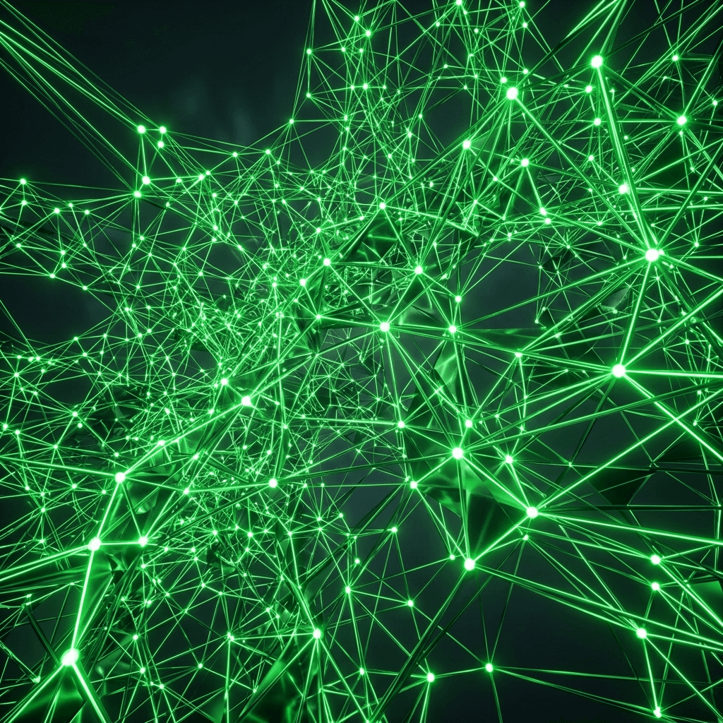 Abstract 3D render of a complex geometric network perfectly bright green representing immediate total communication response coverage.
