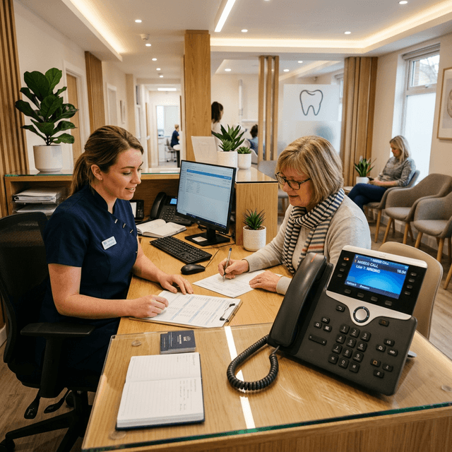 A modern dental office reception desk with a receptionist helping a patient with paperwork while the phone shows a missed call notification with Line 1 ringing
