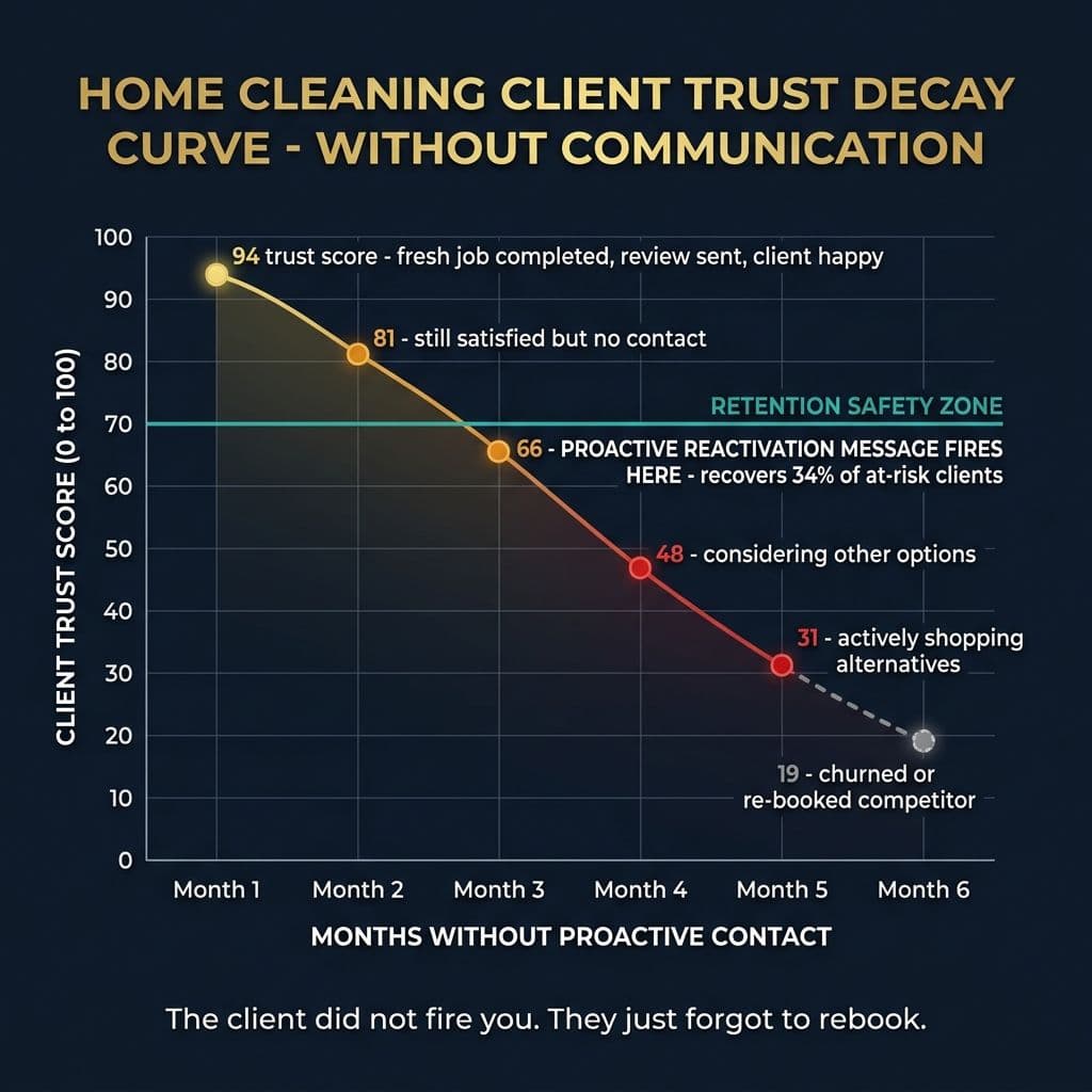 Home Cleaning Client Trust Decay Curve - line chart showing trust falling without communication over 6 months