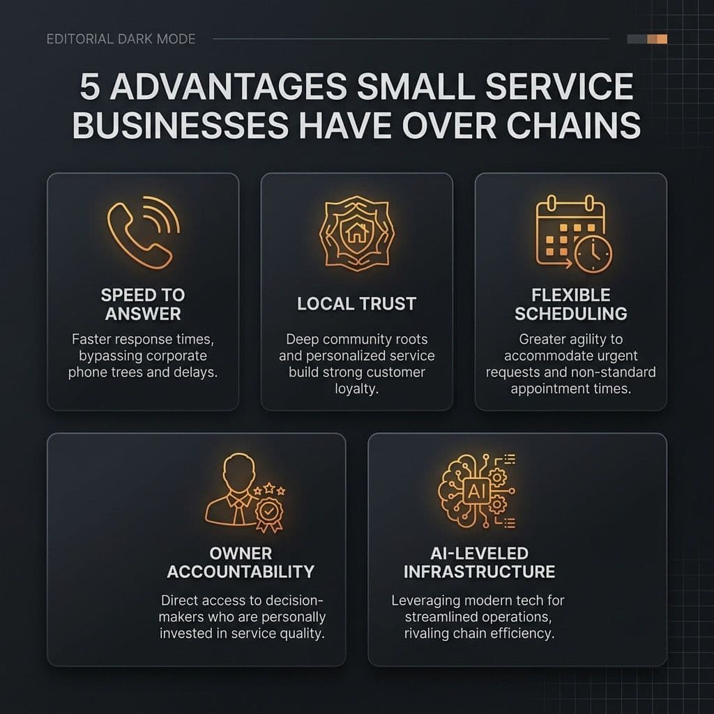 5 advantages small service businesses have over chains: speed to answer, local trust, flexible scheduling, owner accountability, AI-leveled infrastructure
