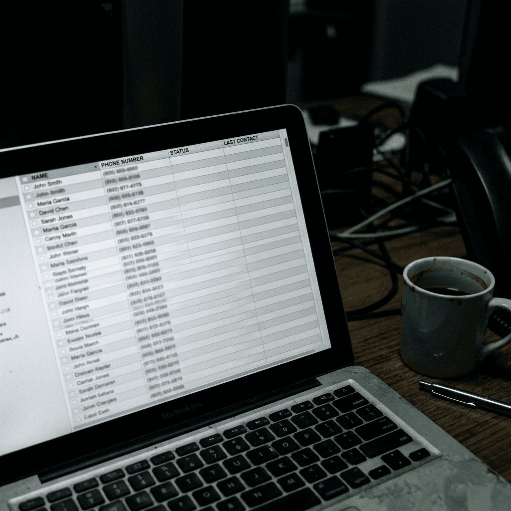 A laptop showing a CRM contact list with hundreds of greyed-out entries — no activity, no last-contact dates, no follow-up statuses — representing the dormant lead database most service businesses have and never act on, sitting next to a cold cup of coffee
