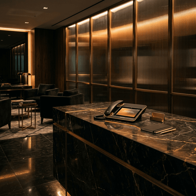 An unmanned high-end law firm reception desk with dark marble and gold accents as the phone glows with an incoming call notification