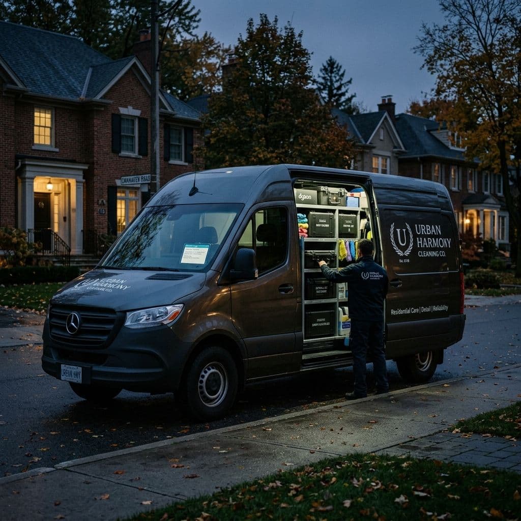 Home cleaning company branded van on a quiet residential street in early morning with organized equipment inside