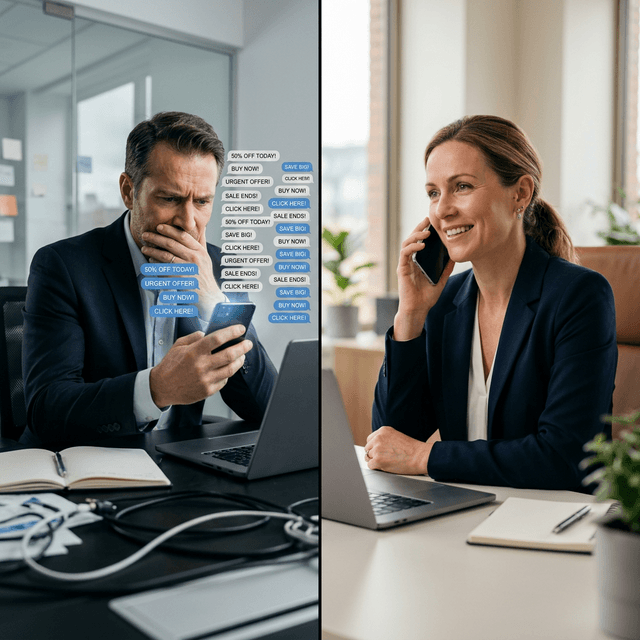 Split scene: frustrated executive looking at a phone screen flooded with identical SMS marketing bubbles, contrasted with a calm professional business owner on a voice call conveying empathy and trust.
