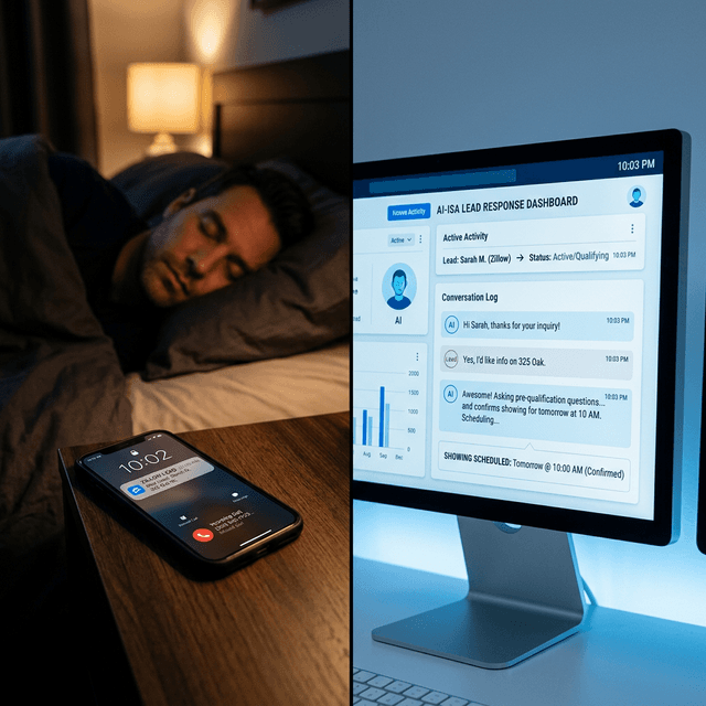 Split scene: A sleeping agent with a 10:02 PM Zillow lead notification going unanswered on the nightstand. On the right, an AI ISA dashboard showing the same lead engaged at 10:03 PM, qualification complete, showing scheduled for next morning.