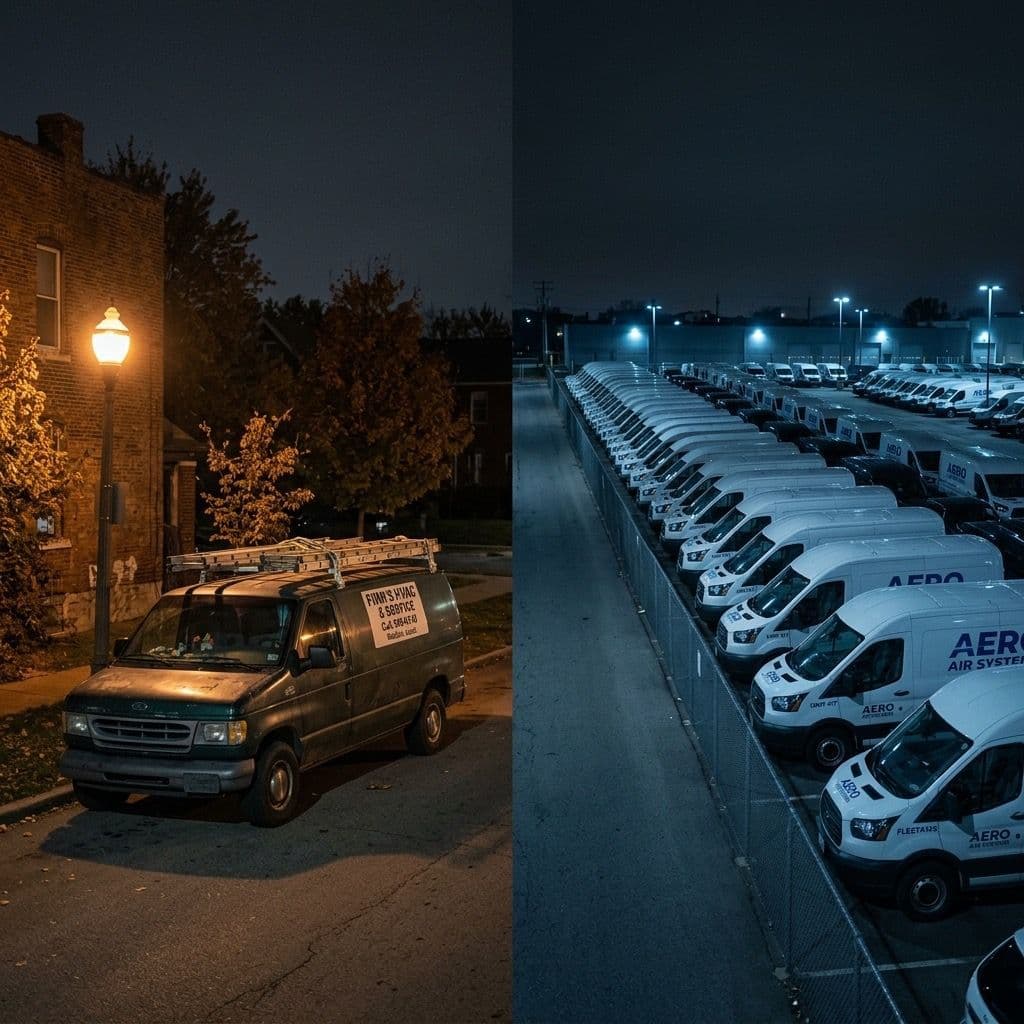 Split shot: a weathered independent service van under a warm street lamp versus a large corporate white fleet under cold blue lights — the competitive divide that AI is closing