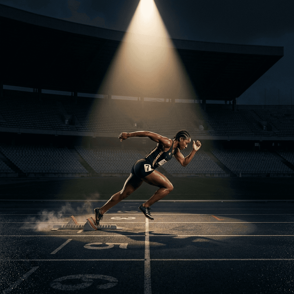 Cinematic shot of a powerful athlete bursting off the starting line representing perfectly executed immediate follow up momentum.