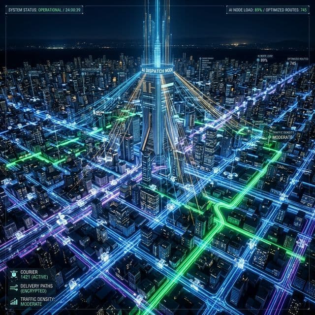 Technical 3D visualization of an AI dispatch node routing couriers through a city grid