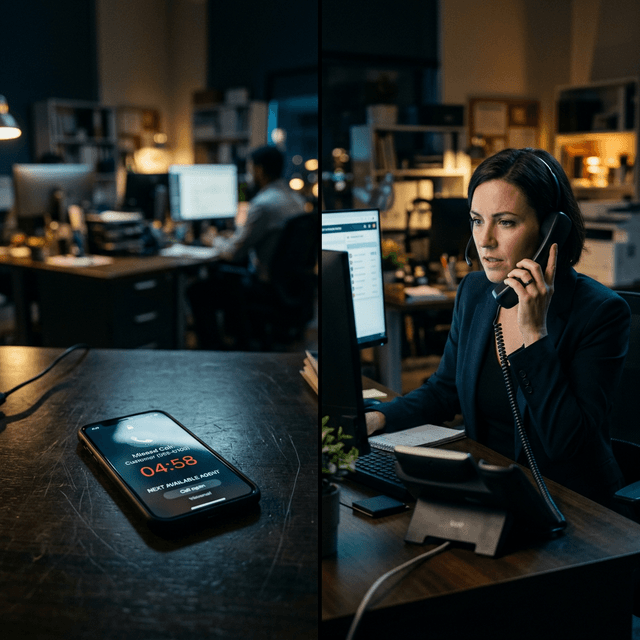 Split-screen of a missed call timer ticking on a phone versus a professional answering an inbound call in a small business office